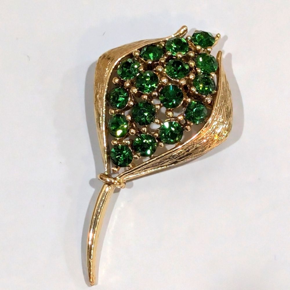 Vintage Brooch Flower Bud Gold Tone Green Rhinestones 2.5 in